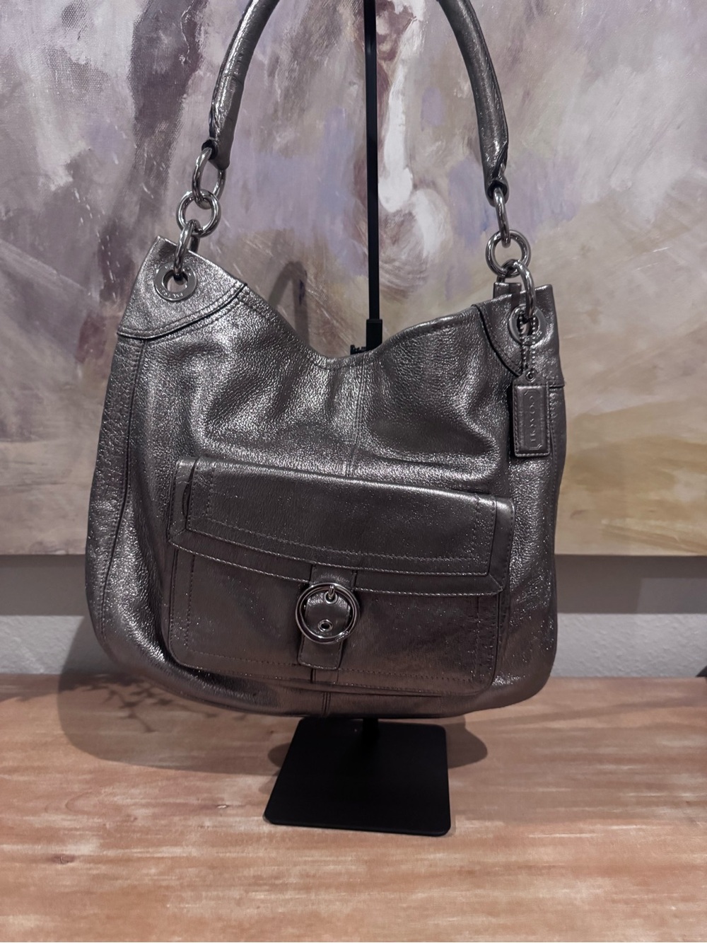 Coach Metallic Gray Leather Shoulder Bag